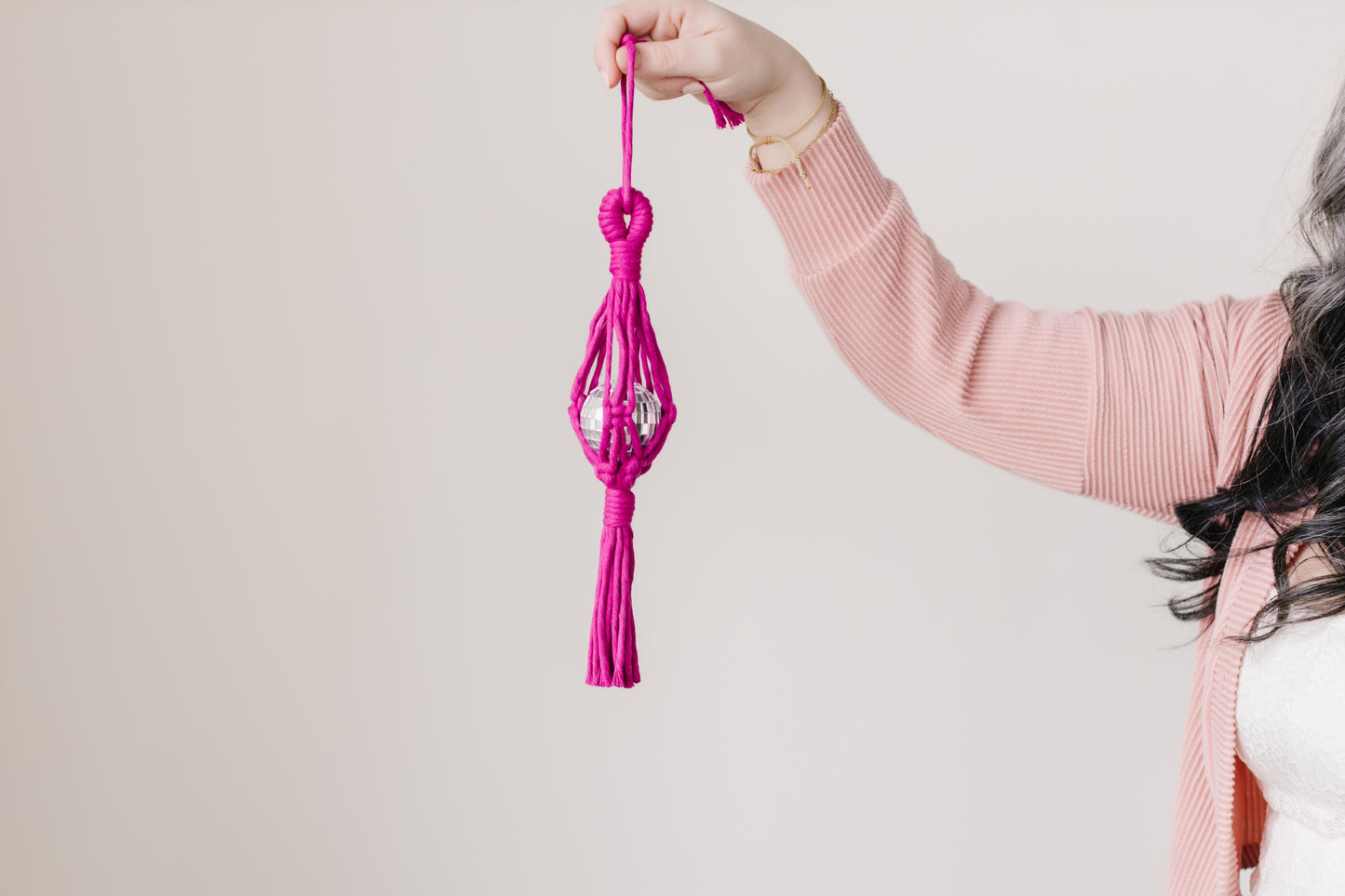 Macrame discoball car hanger