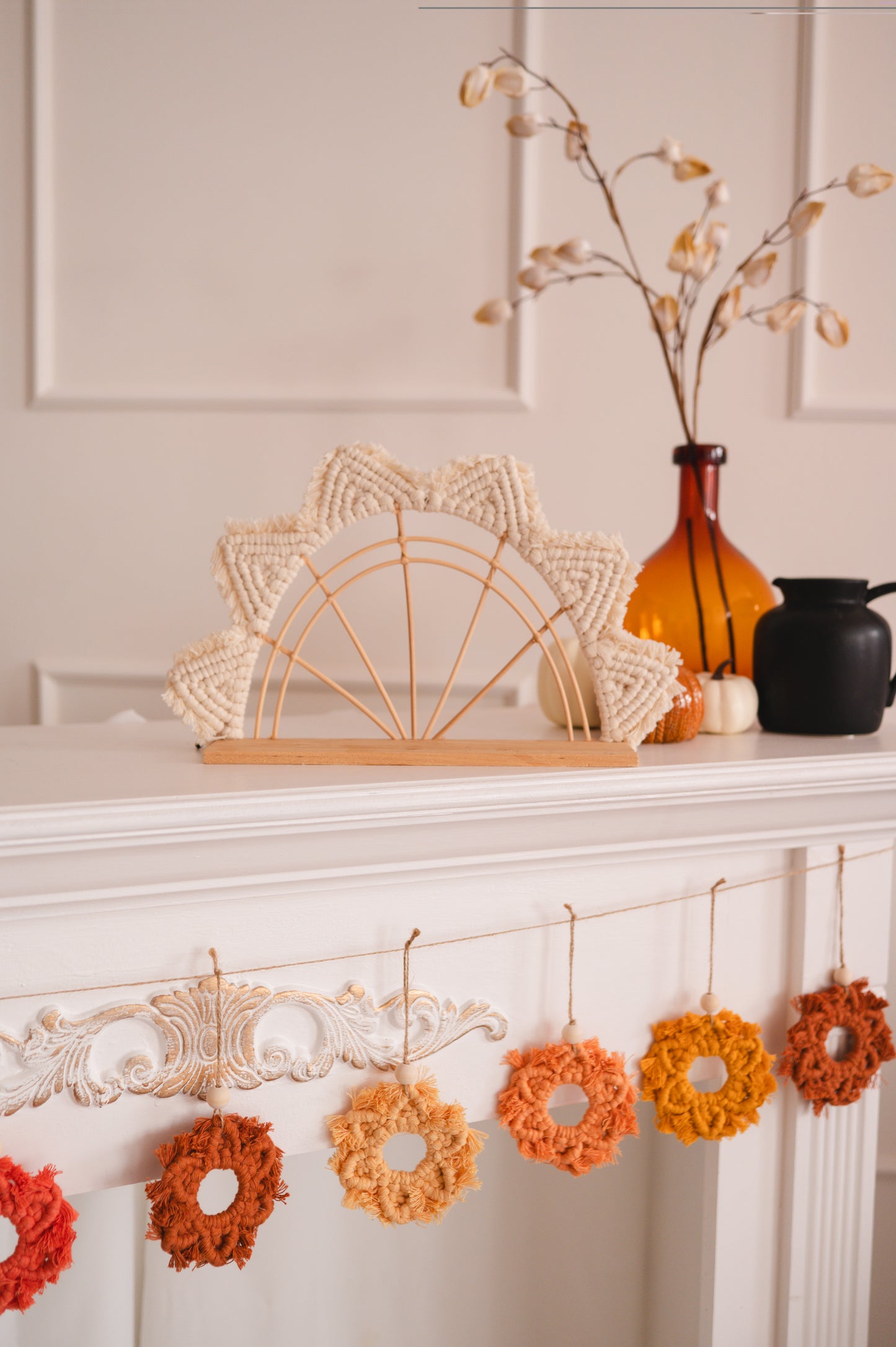 Macrame Snowflake Garland – 9 Handmade Snowflakes in Warm Orange + Yellow