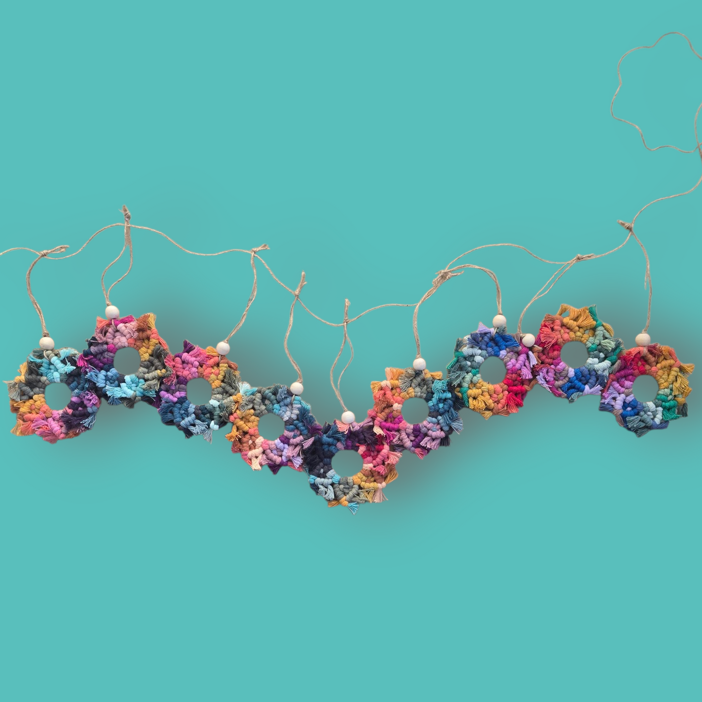 Macrame Snowflake Garland – 9 Handmade Snowflakes in Rainbow Colors