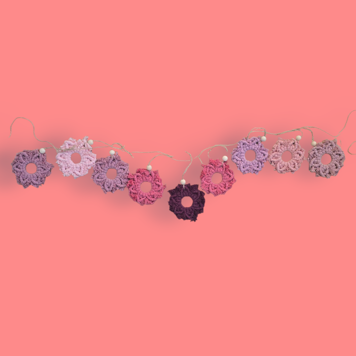 Macrame Snowflake Garland – 9 Handmade Snowflakes in Pink Tones