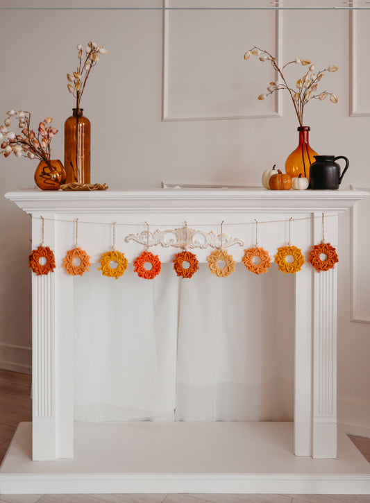 Macrame Snowflake Garland – 9 Handmade Snowflakes in Warm Orange + Yellow