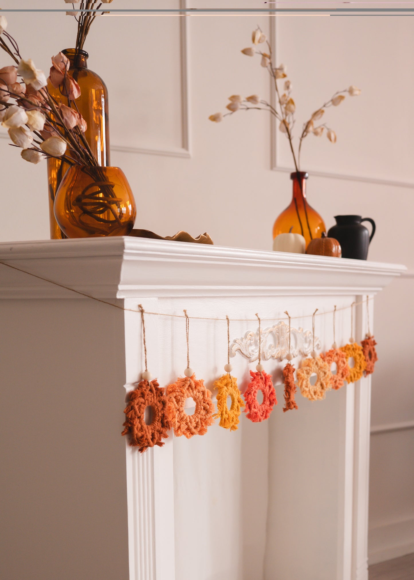 Macrame Snowflake Garland – 9 Handmade Snowflakes in Warm Orange + Yellow