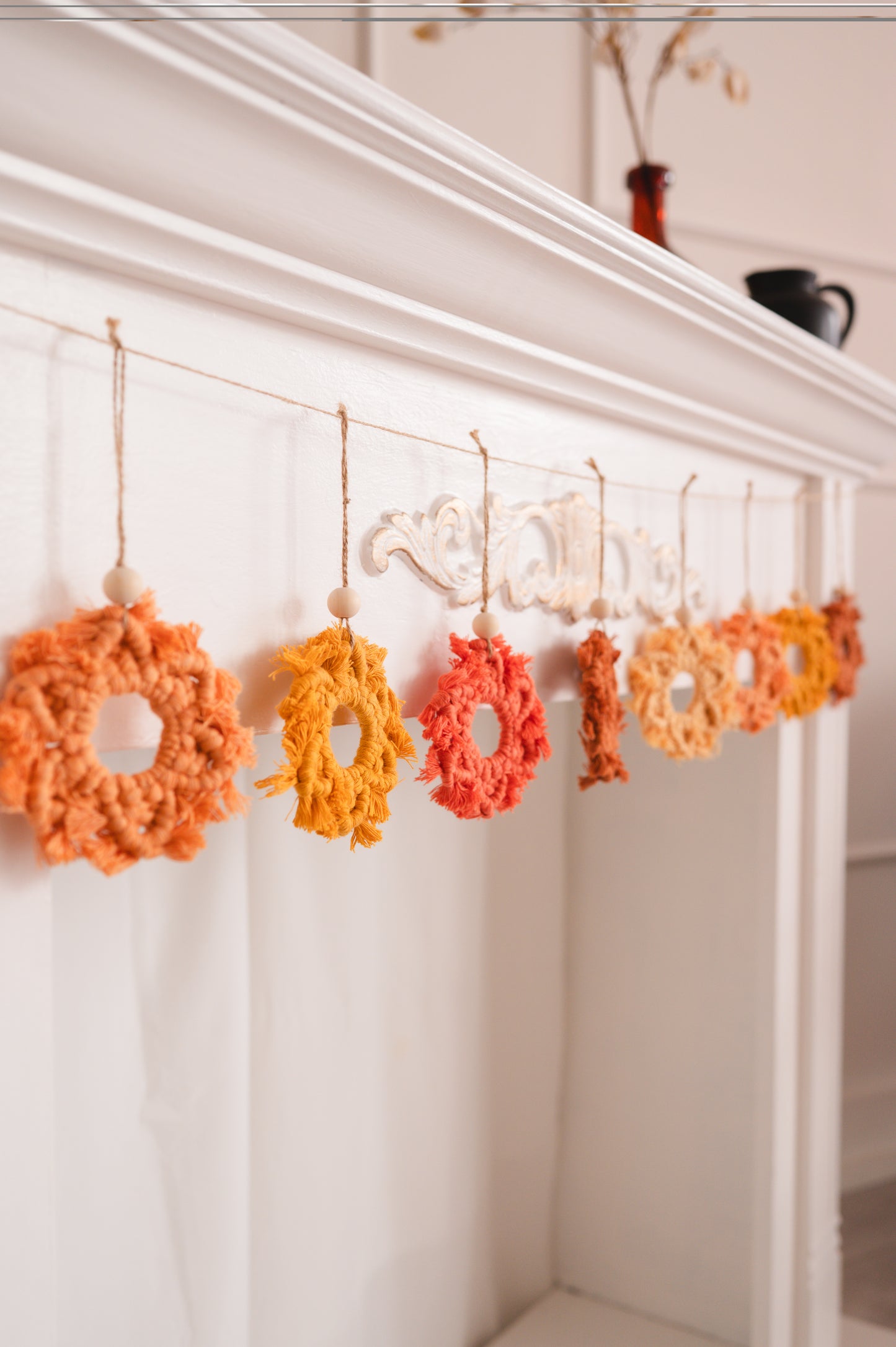 Macrame Snowflake Garland – 9 Handmade Snowflakes in Warm Orange + Yellow
