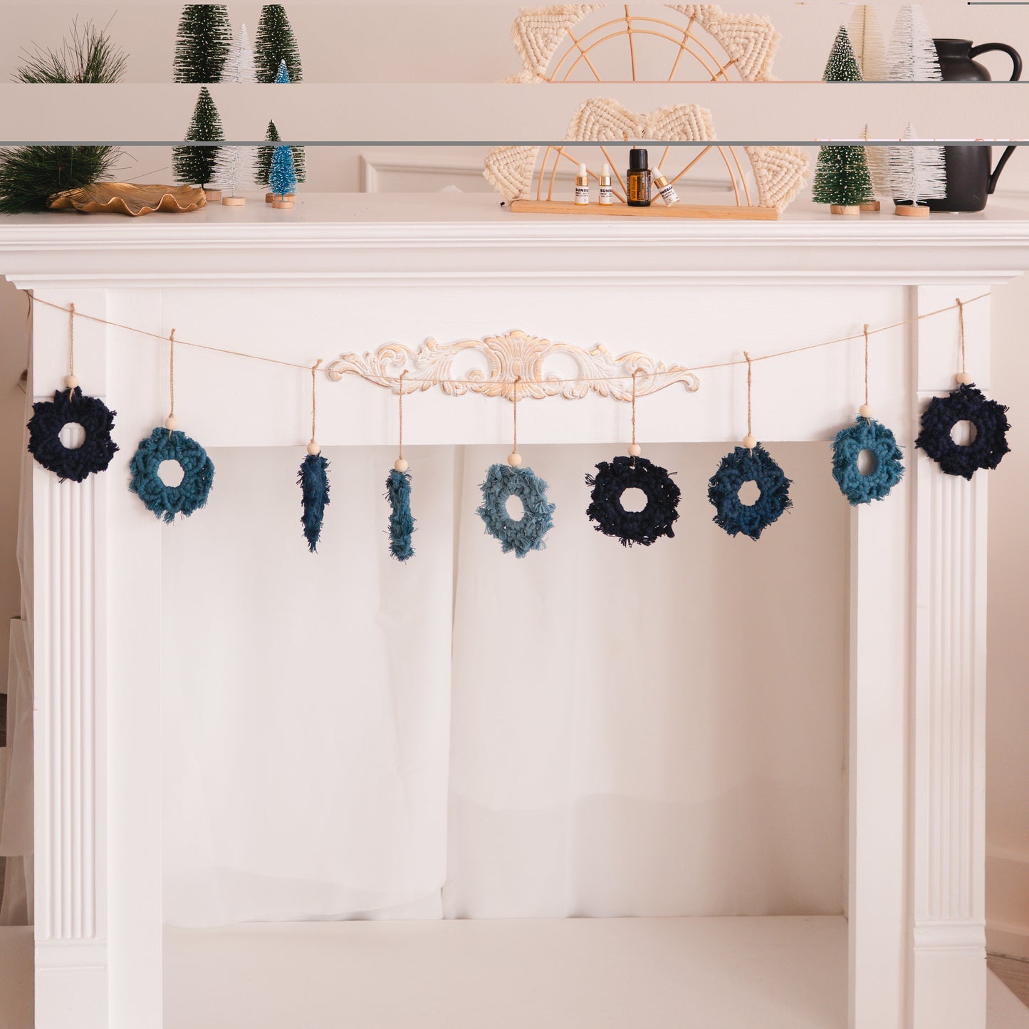 Macrame Snowflake Garland – 9 Handmade Snowflakes in Blue Tones