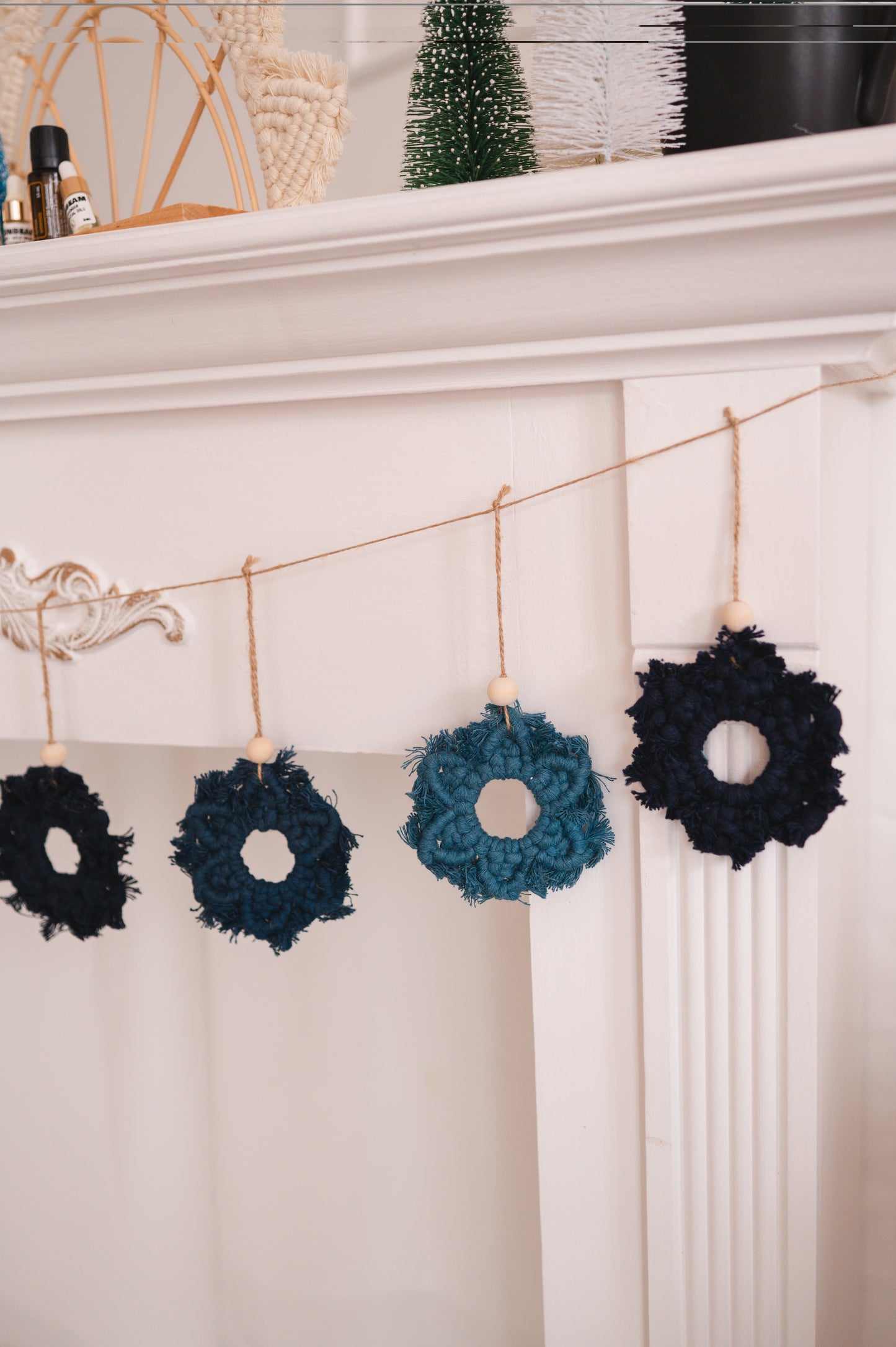 Macrame Snowflake Garland – 9 Handmade Snowflakes in Blue Tones