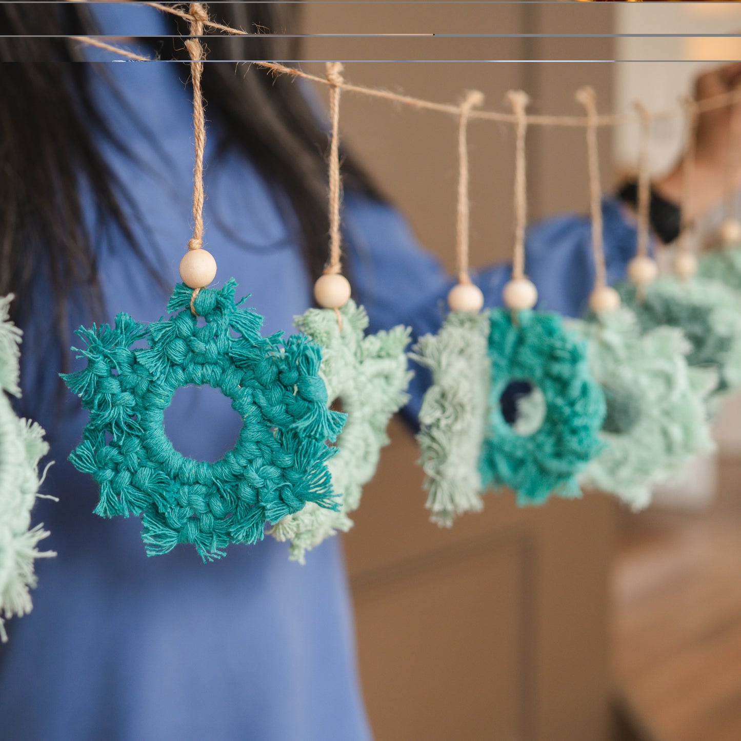 Macrame Snowflake Garland – 9 Handmade Snowflakes in Teal Tones