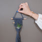 Hand holding a small macrame wall hanging with an air plant against a gray background