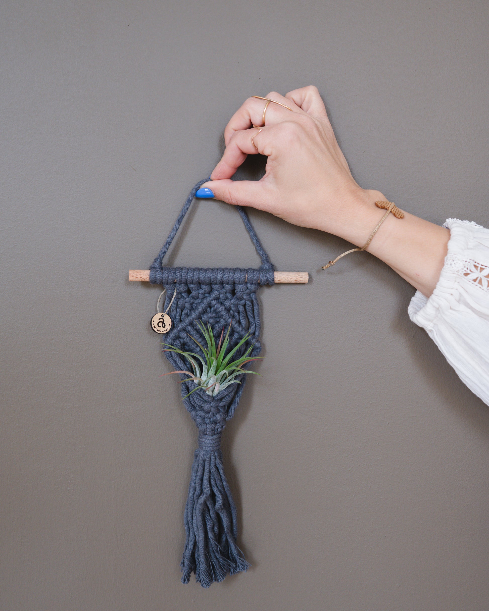 Hand holding a small macrame wall hanging with an air plant against a gray background