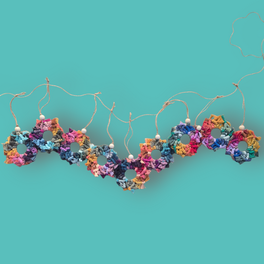 Macrame Snowflake Garland – 9 Handmade Snowflakes in Rainbow Colors