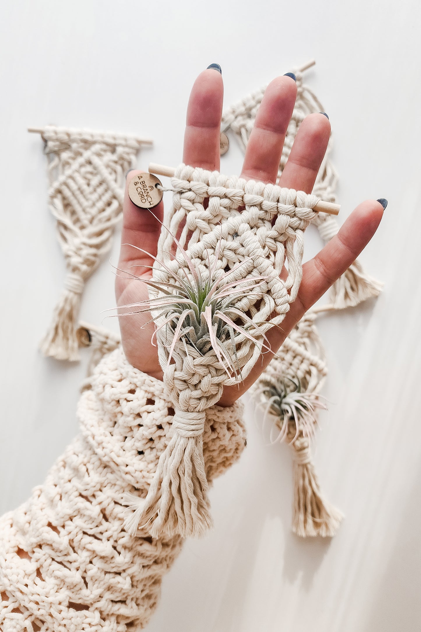 air plant macrame hanger diy Mini Magnetic Macrame Air Plant Hangers – Handmade Boho Decor – A Branch & Cord