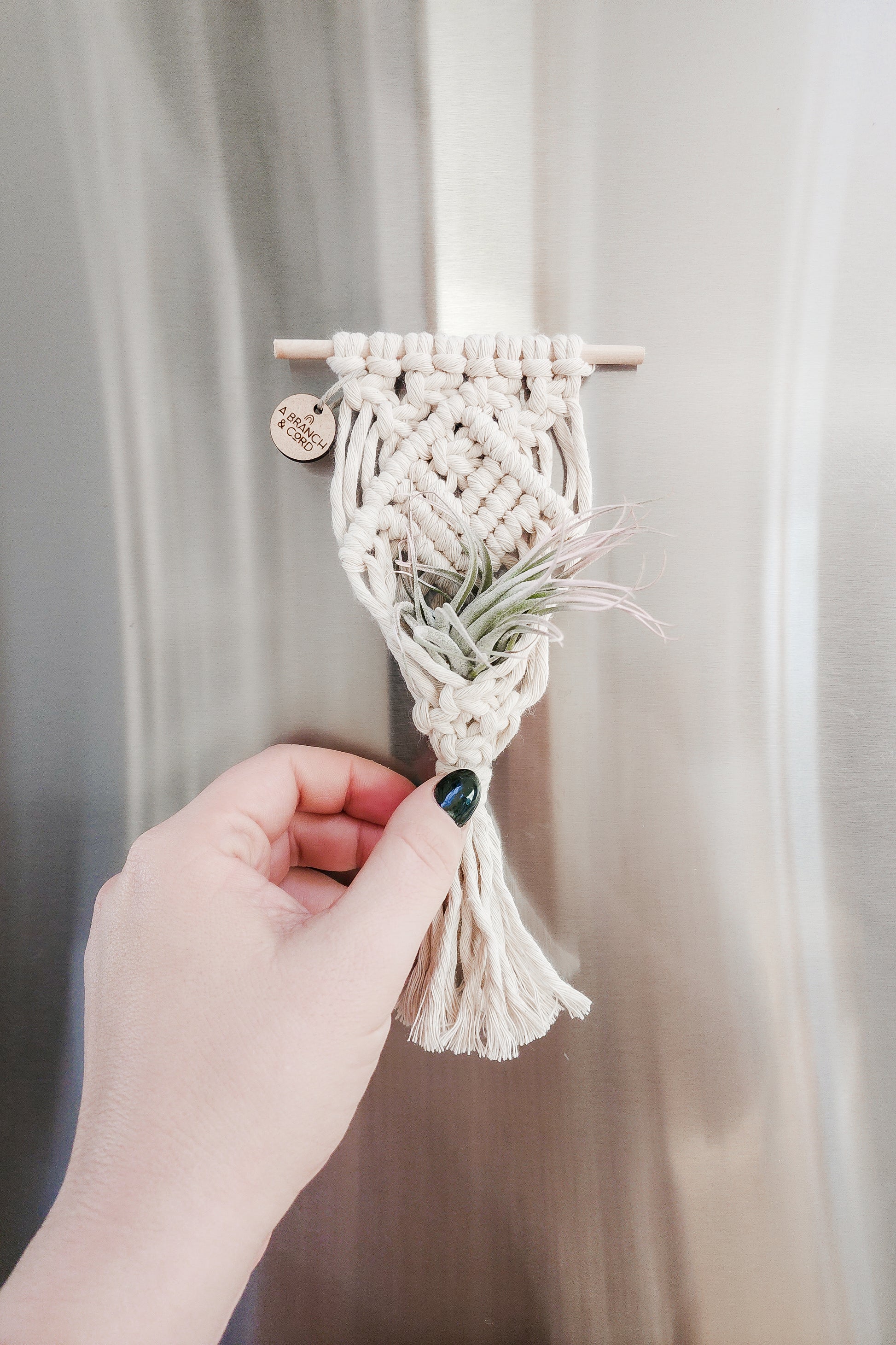 air plant macrame Mini Magnetic Macrame Air Plant Hangers – Handmade Boho Decor – A Branch & Cord